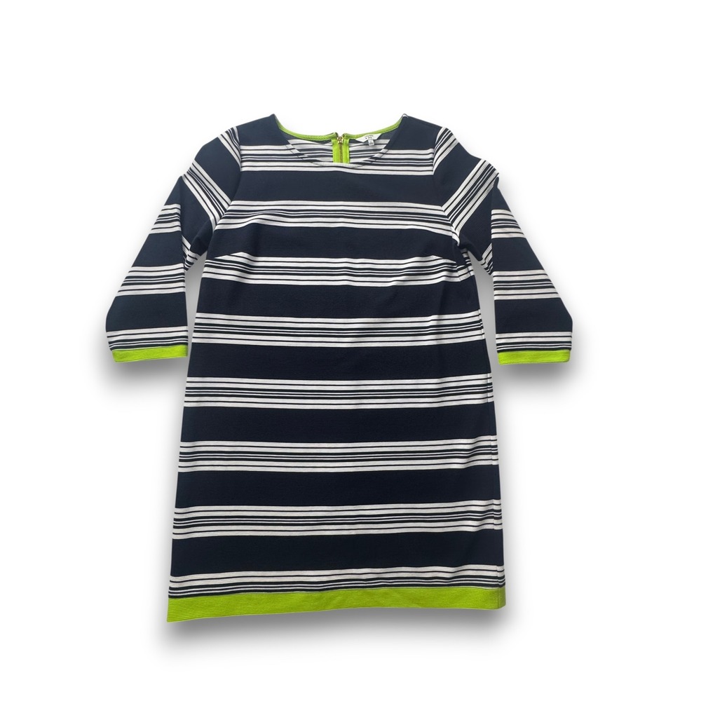 Crown & Ivy Womens Navy Blue White Striped Shift Dress Lime Green Trim Size L